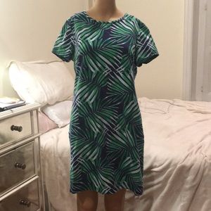 Palm Leaf Blue and Green T-shirt Dress